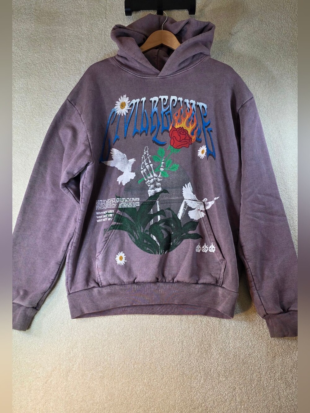 Civil Regime What About Us Purple Skull Doves Daisies Oversized Hoodie Womens L